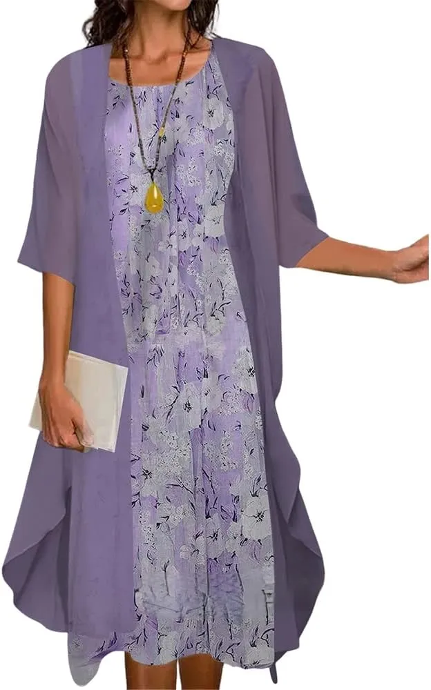 Akivide Womens Two-Piece Set Floral Print Midi Dress with Cardigan Chiffon Sleeveless Plus Size Wedding Guest Dresses