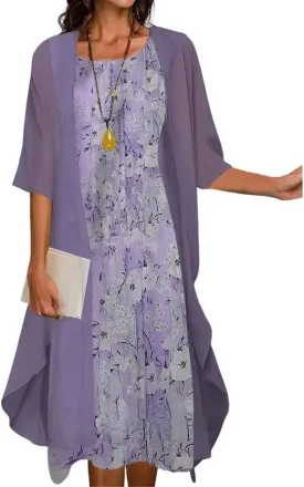 Akivide Womens Two-Piece Set Floral Print Midi Dress with Cardigan Chiffon Sleeveless Plus Size Wedding Guest Dresses