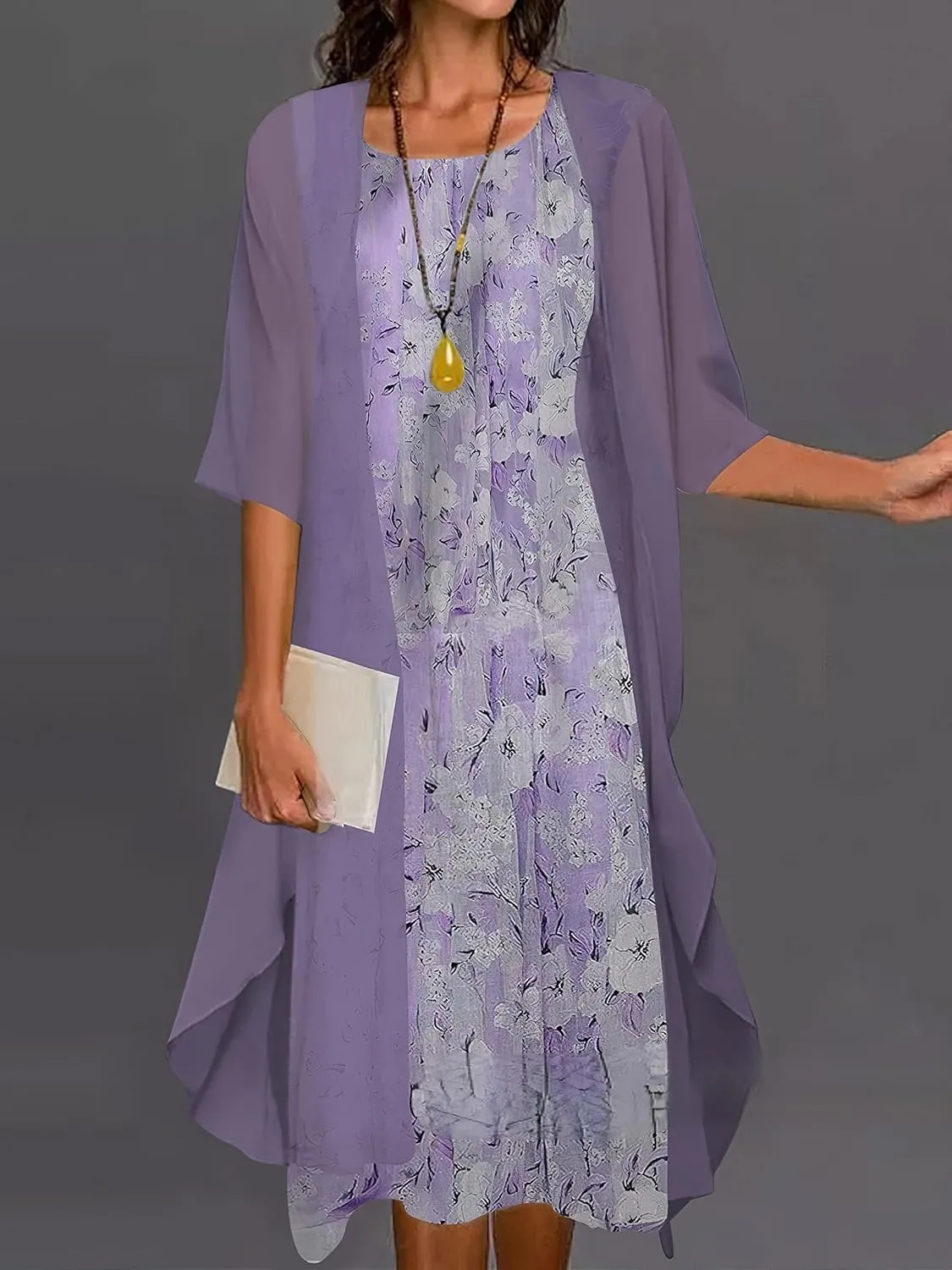 Akivide Womens Two-Piece Set Floral Print Midi Dress with Cardigan Chiffon Sleeveless Plus Size Wedding Guest Dresses