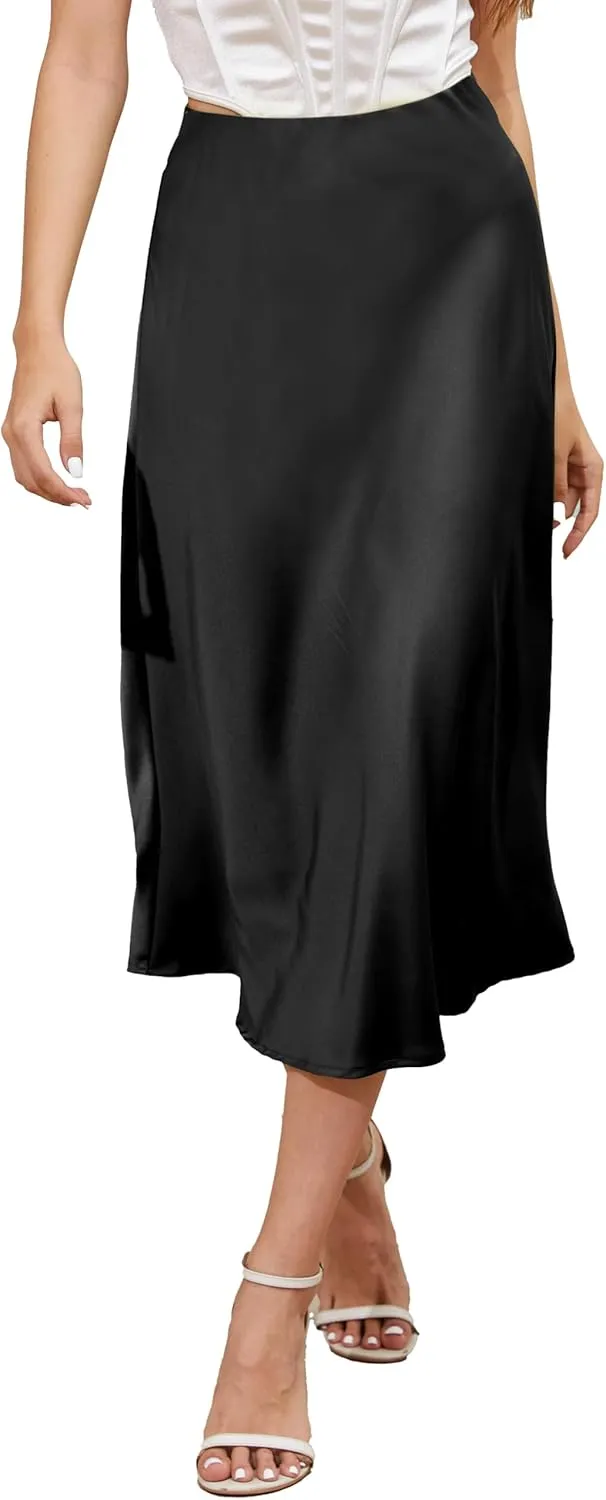 ALCEA ROSEA Womens Satin High Waisted Silk A-line Wedding Elegant Elastic Midi Skirt
