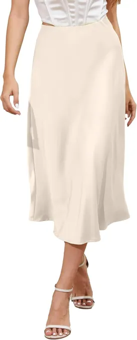 ALCEA ROSEA Womens Satin High Waisted Silk A-line Wedding Elegant Elastic Midi Skirt