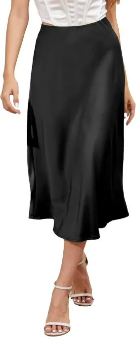 ALCEA ROSEA Womens Satin High Waisted Silk A-line Wedding Elegant Elastic Midi Skirt
