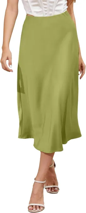 ALCEA ROSEA Womens Satin High Waisted Silk A-line Wedding Elegant Elastic Midi Skirt