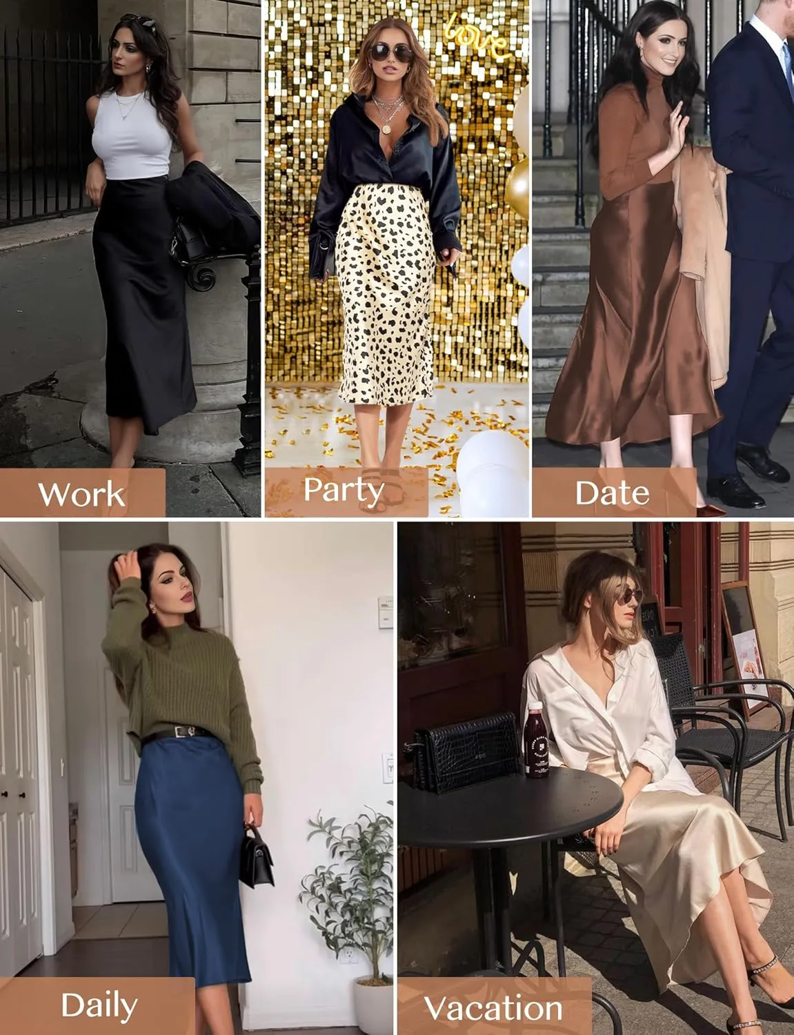 AURUZA Satin Midi Skirts for Women, Black Long Skirt with Hidden Elasticized Waistband, High Waisted Flared A-line Silk Dress