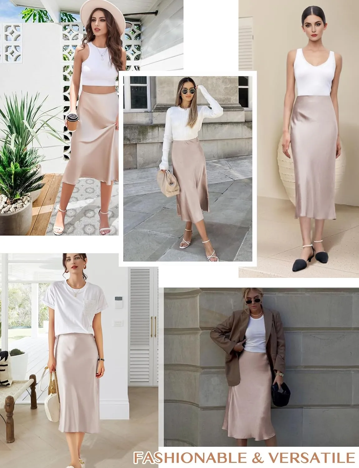 AURUZA Satin Midi Skirts for Women, Black Long Skirt with Hidden Elasticized Waistband, High Waisted Flared A-line Silk Dress