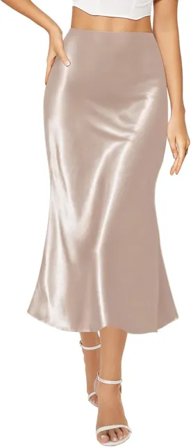 AURUZA Satin Midi Skirts for Women, Black Long Skirt with Hidden Elasticized Waistband, High Waisted Flared A-line Silk Dress