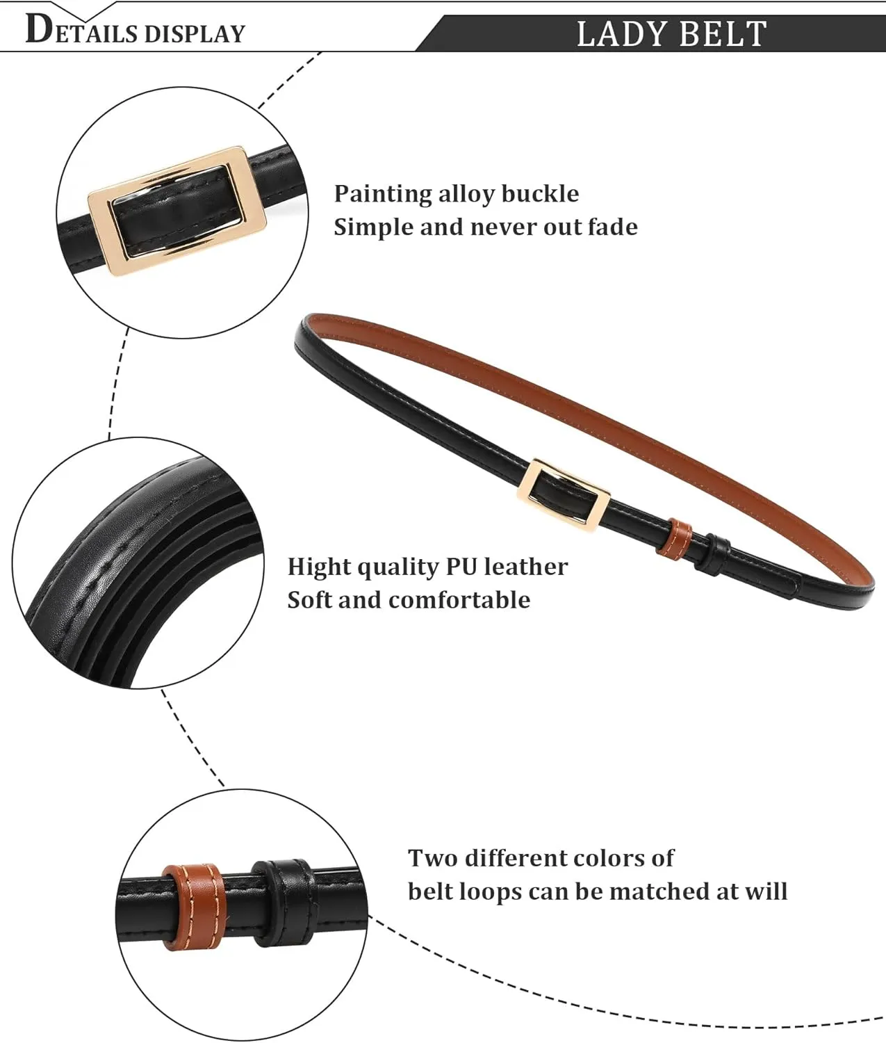 AWAYTR Skinny Reversible Leather Belt - Hole Free Thin Waist Belt for Women Jeans Dress with Gold Buckle