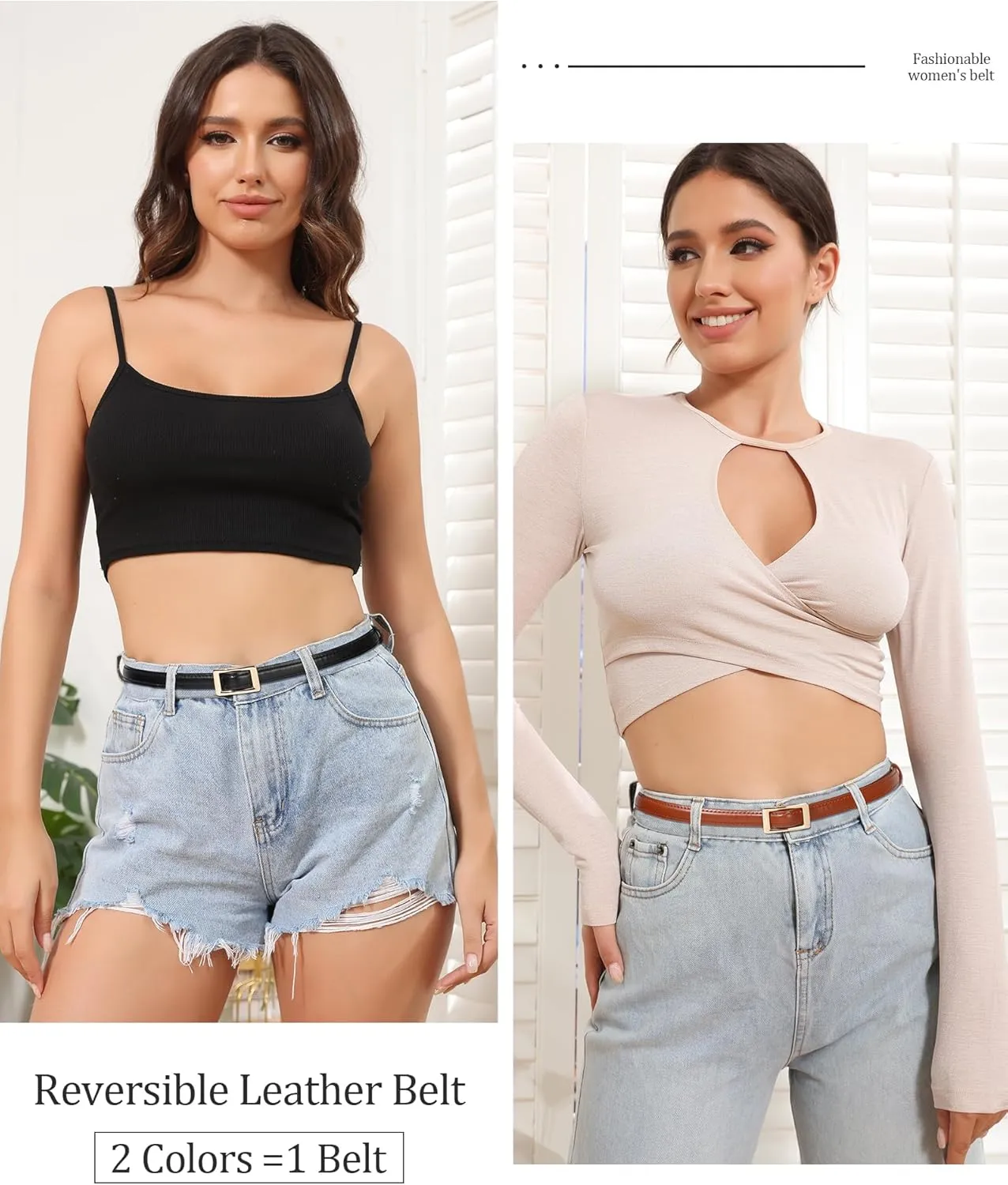 AWAYTR Skinny Reversible Leather Belt - Hole Free Thin Waist Belt for Women Jeans Dress with Gold Buckle