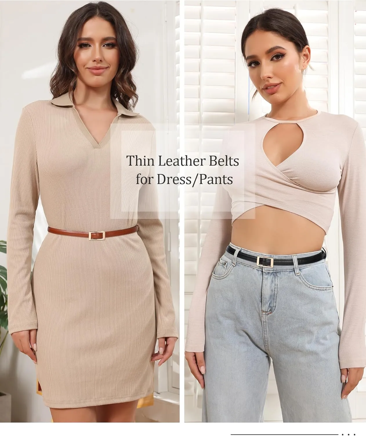AWAYTR Skinny Reversible Leather Belt - Hole Free Thin Waist Belt for Women Jeans Dress with Gold Buckle