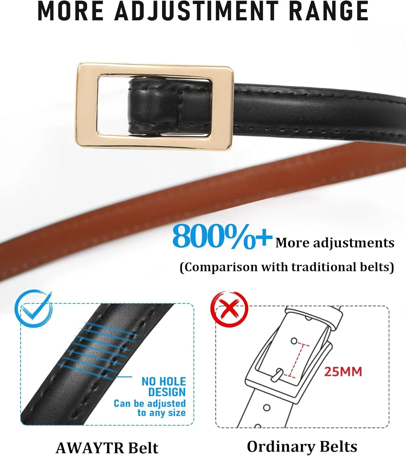 AWAYTR Skinny Reversible Leather Belt - Hole Free Thin Waist Belt for Women Jeans Dress with Gold Buckle