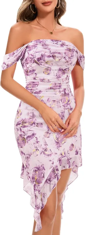 BeryLove Womens Sexy Off Shoulder Mesh Midi Wedding Guest Dresses Ruched Bodycon Ruffled Cocktail Dress