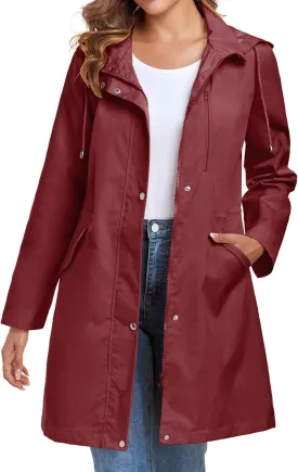 Bloggerlove Rain Jacket for Women Long Raincoat with Hood Lightweight Windbreaker Waterproof Outdoor Trench Coat