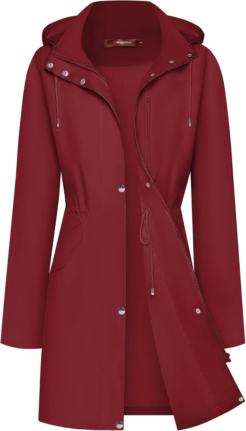 Bloggerlove Rain Jacket for Women Long Raincoat with Hood Lightweight Windbreaker Waterproof Outdoor Trench Coat