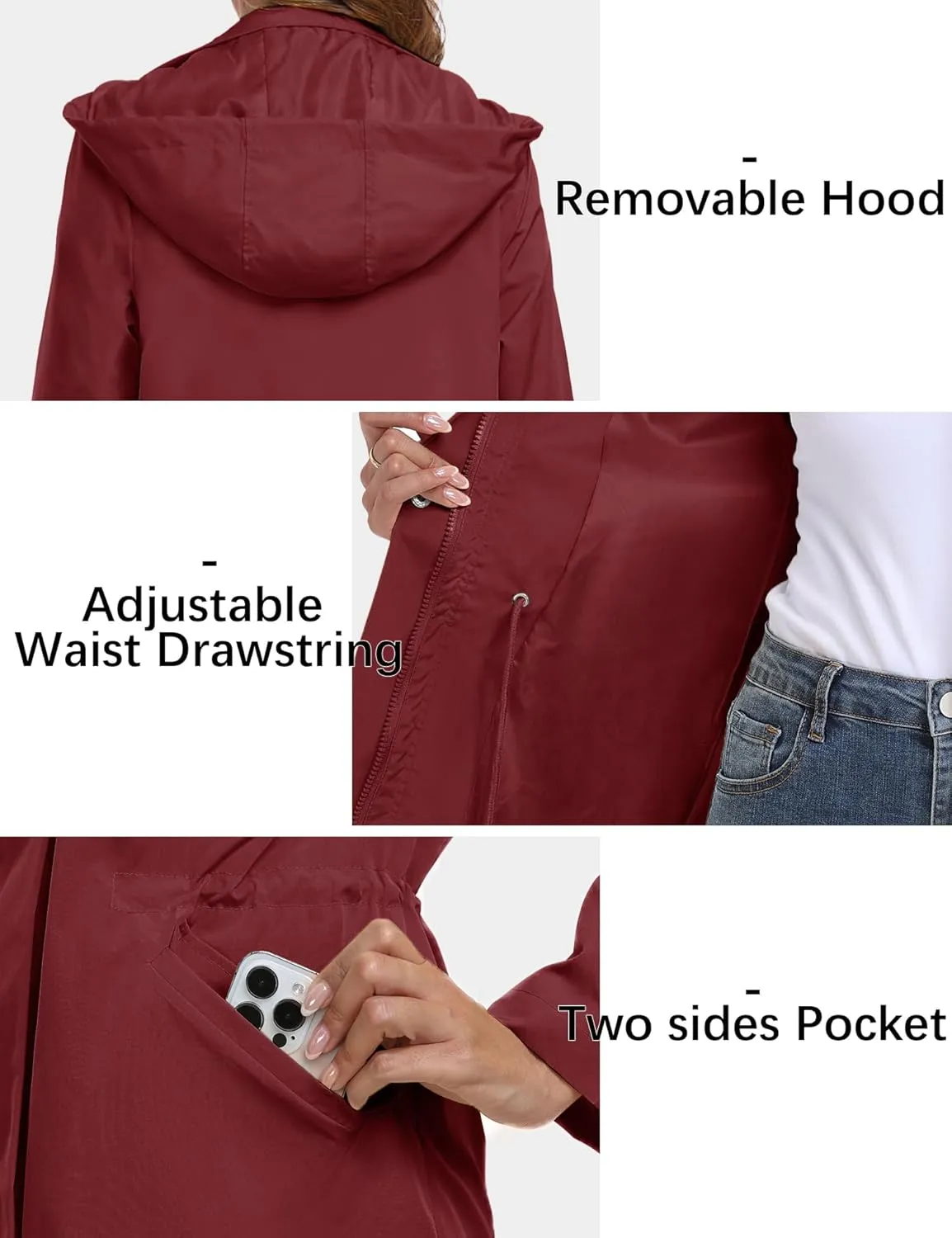 Bloggerlove Rain Jacket for Women Long Raincoat with Hood Lightweight Windbreaker Waterproof Outdoor Trench Coat
