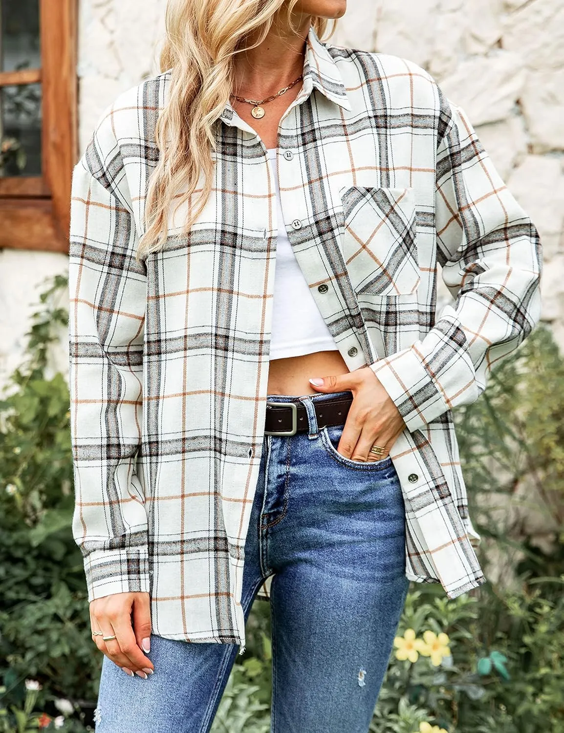 Bozanly Womens Flannel Plaid Shirts Oversized Long Sleeve Button Down Shacket Blouse Tops