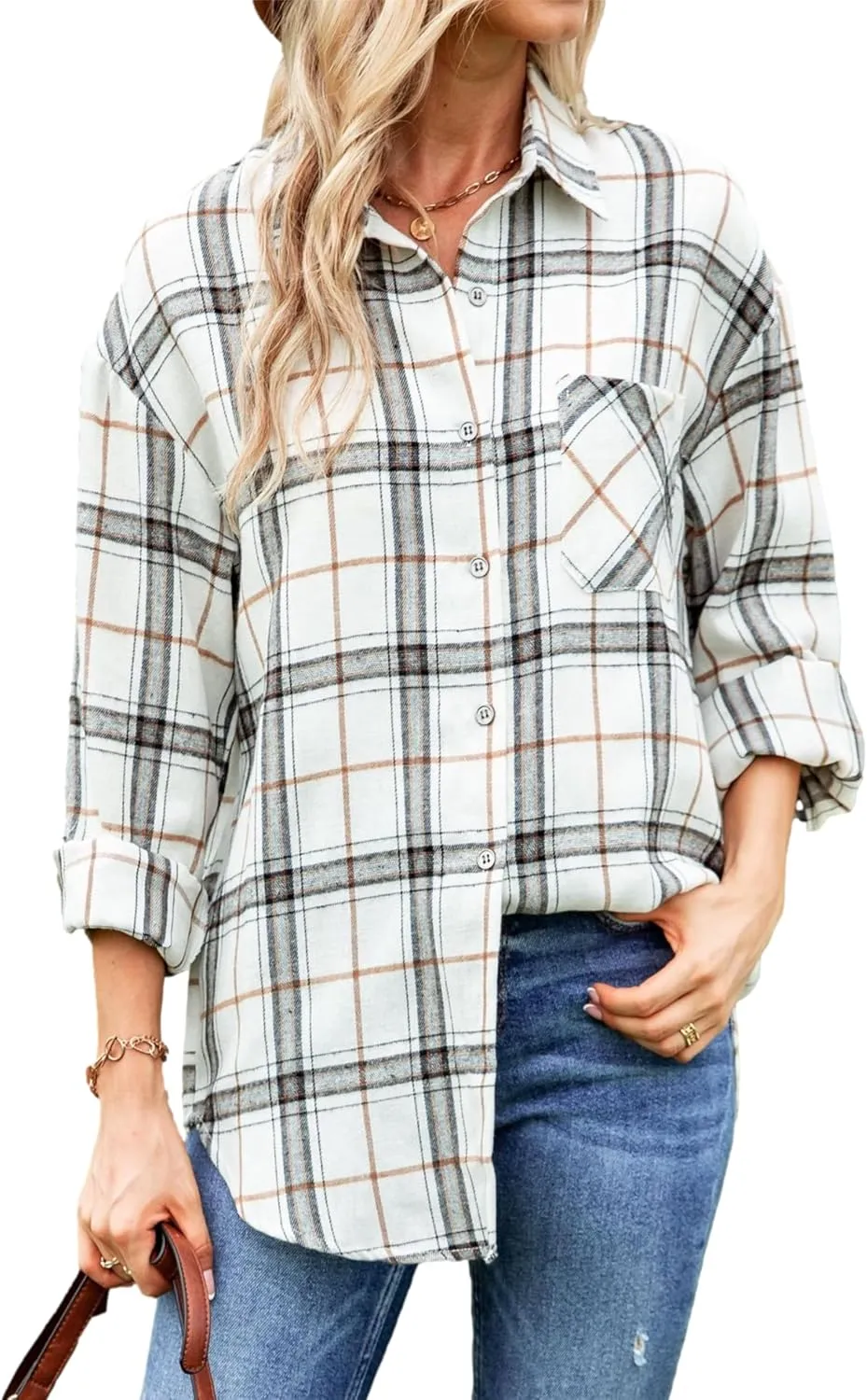 Bozanly Womens Flannel Plaid Shirts Oversized Long Sleeve Button Down Shacket Blouse Tops