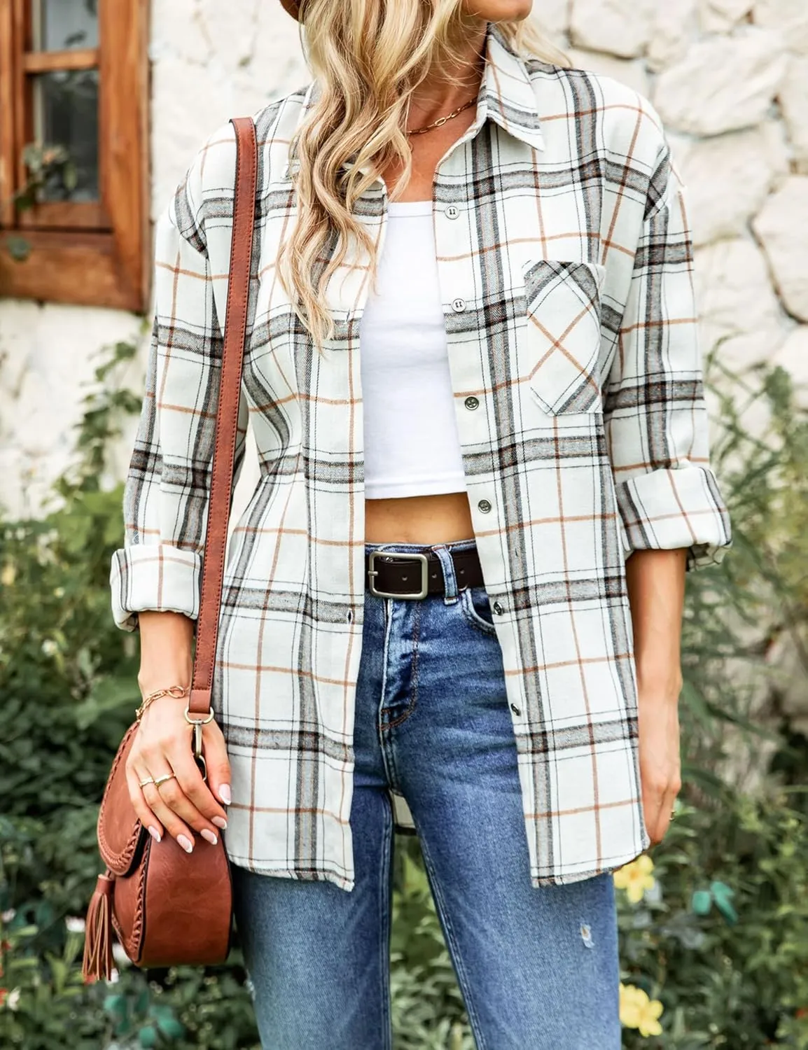 Bozanly Womens Flannel Plaid Shirts Oversized Long Sleeve Button Down Shacket Blouse Tops