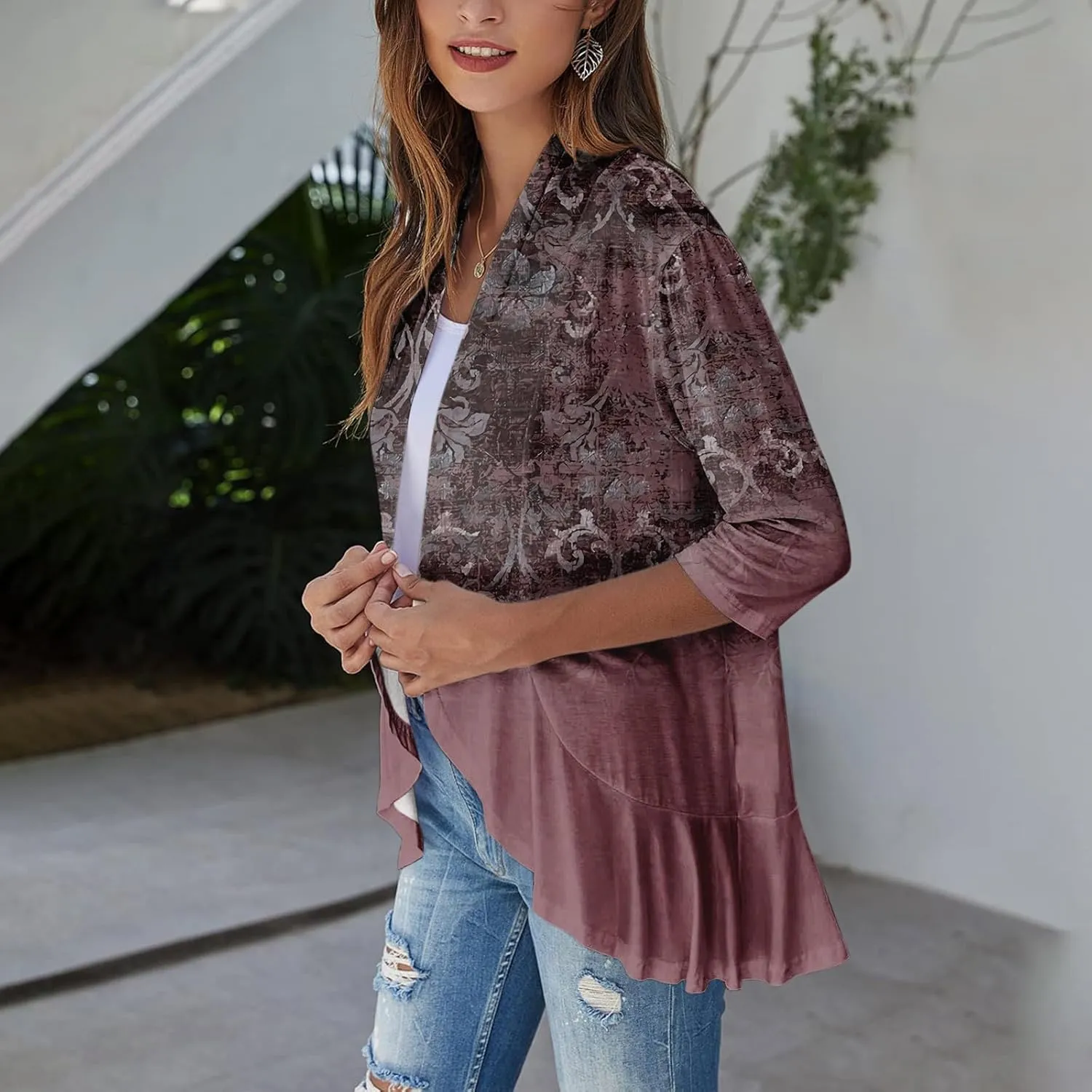 Cardigan for Women Lightweight Summer 3/4 Sleeve Open Front Ruffle Kimono Cardigan Duster
