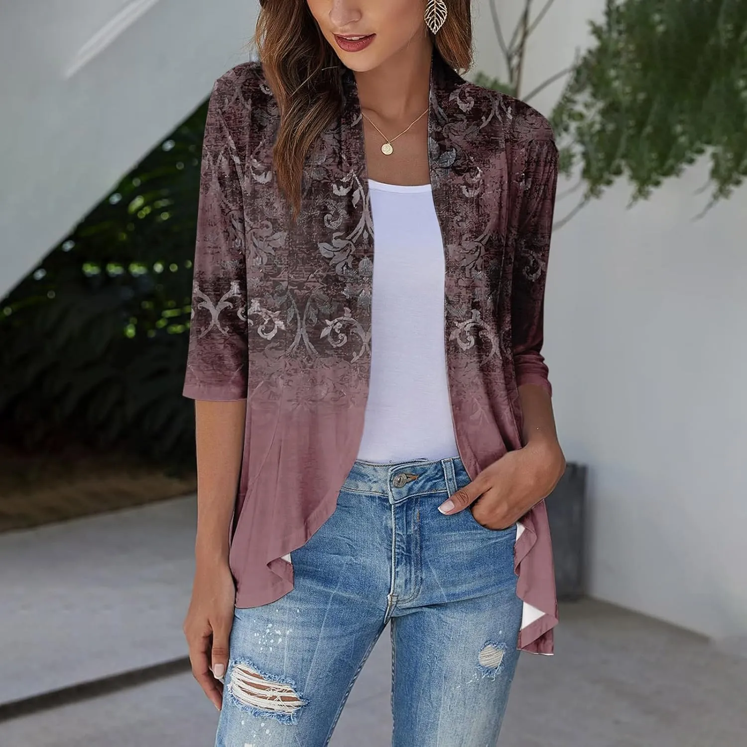 Cardigan for Women Lightweight Summer 3/4 Sleeve Open Front Ruffle Kimono Cardigan Duster