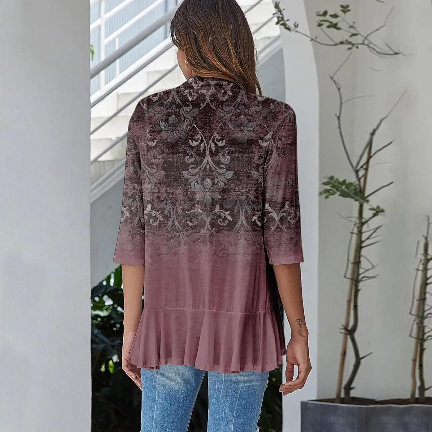 Cardigan for Women Lightweight Summer 3/4 Sleeve Open Front Ruffle Kimono Cardigan Duster