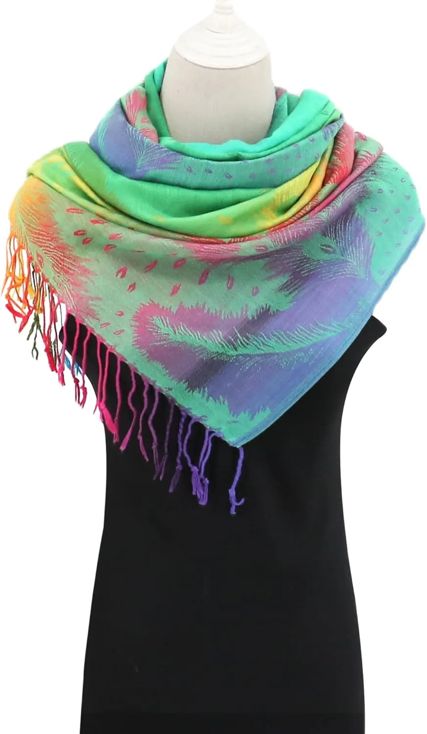Colorful Pashmina Shawls and Wraps - Soft Rave Scarf Jacquard Silk Satin Rainbow Scarf with Tassels