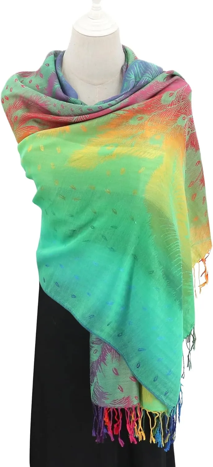 Colorful Pashmina Shawls and Wraps - Soft Rave Scarf Jacquard Silk Satin Rainbow Scarf with Tassels
