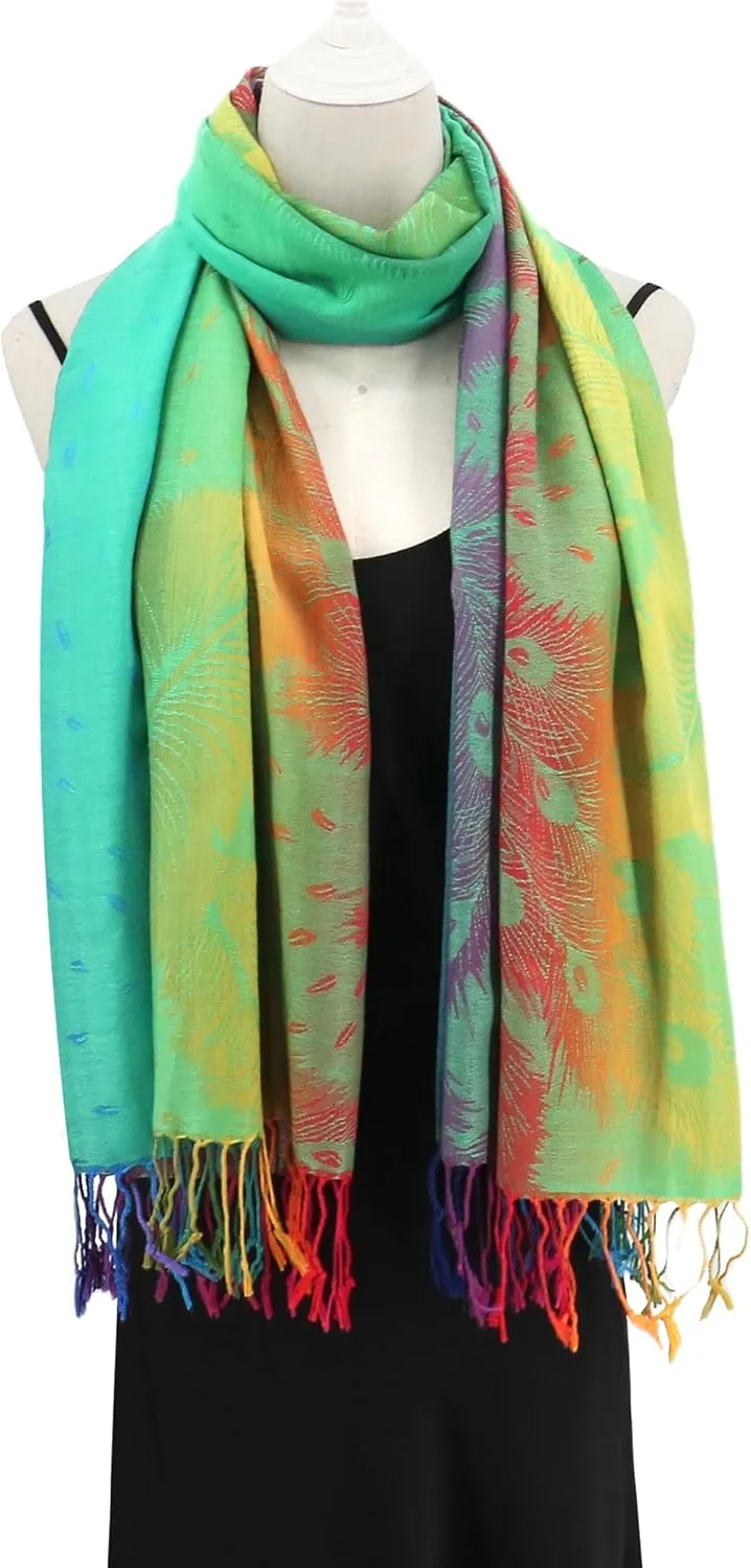 Colorful Pashmina Shawls and Wraps - Soft Rave Scarf Jacquard Silk Satin Rainbow Scarf with Tassels