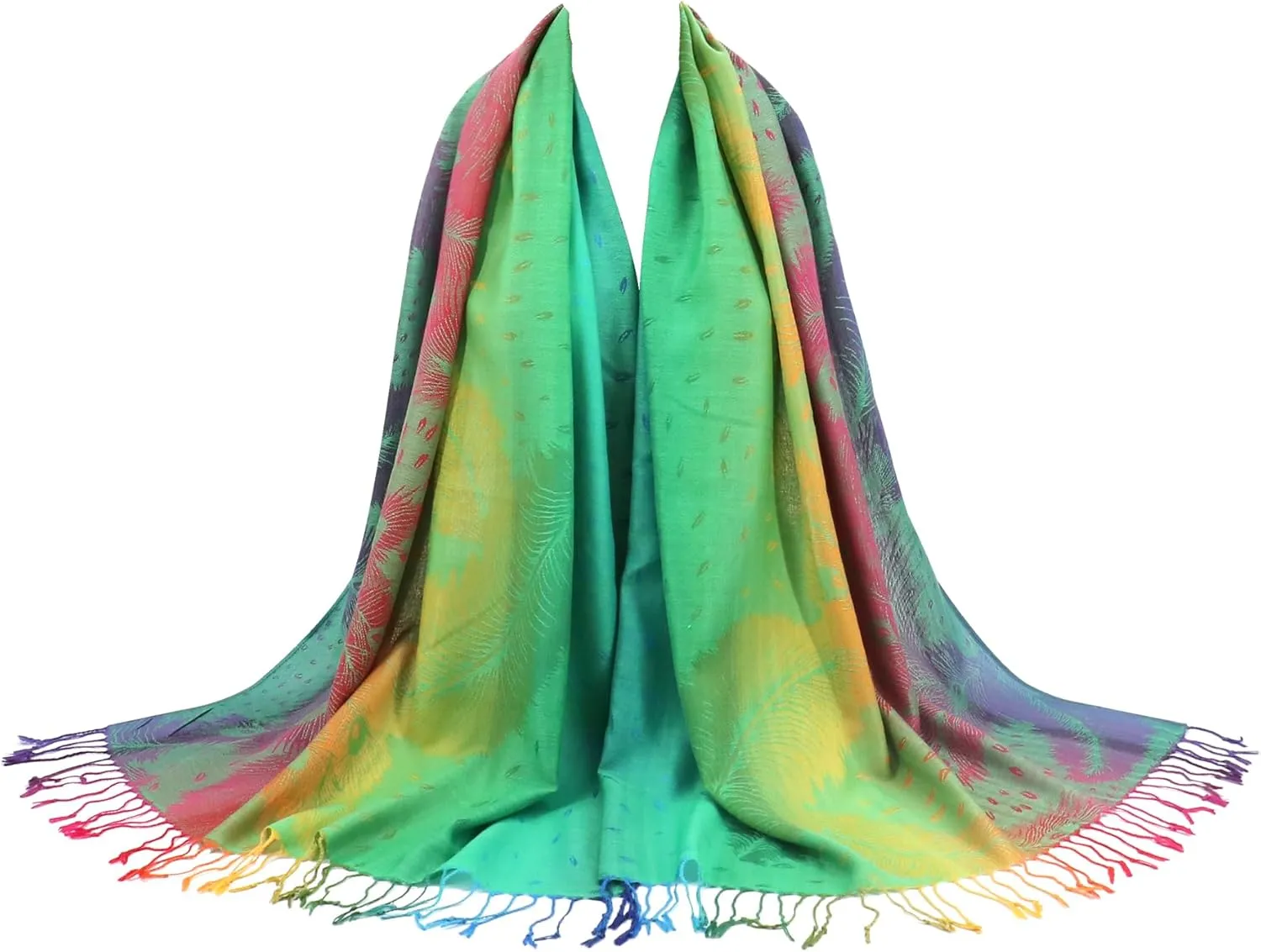 Colorful Pashmina Shawls and Wraps - Soft Rave Scarf Jacquard Silk Satin Rainbow Scarf with Tassels