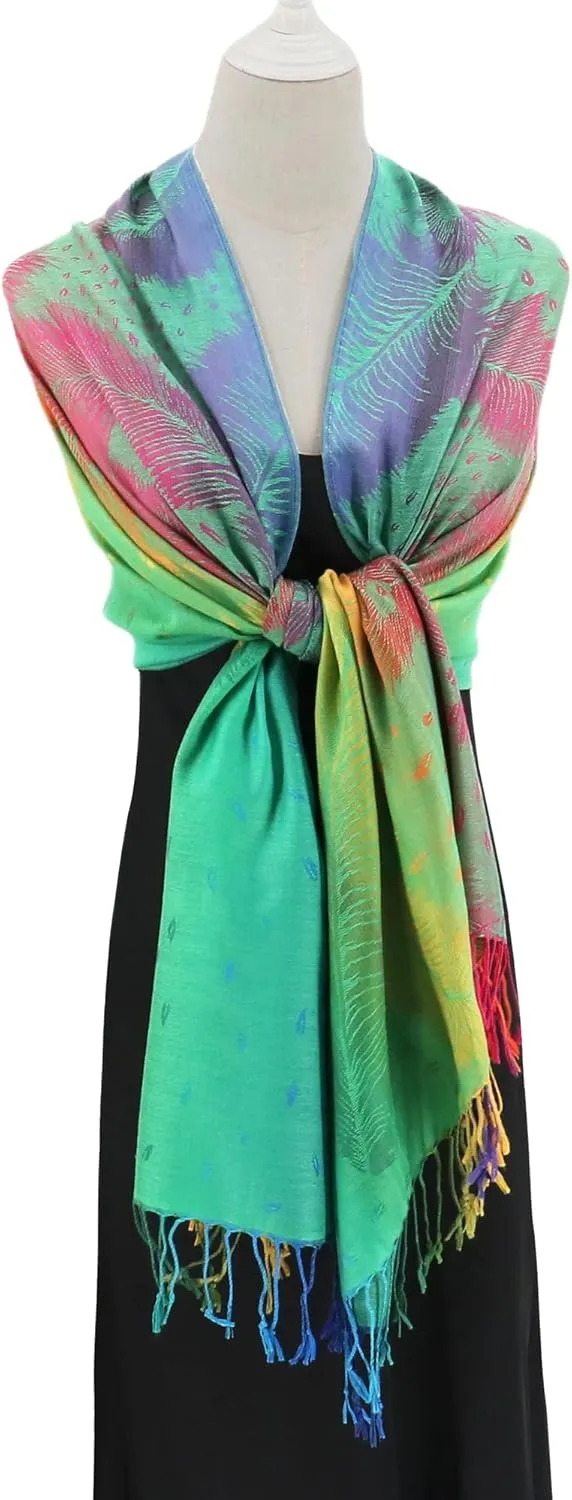 Colorful Pashmina Shawls and Wraps - Soft Rave Scarf Jacquard Silk Satin Rainbow Scarf with Tassels