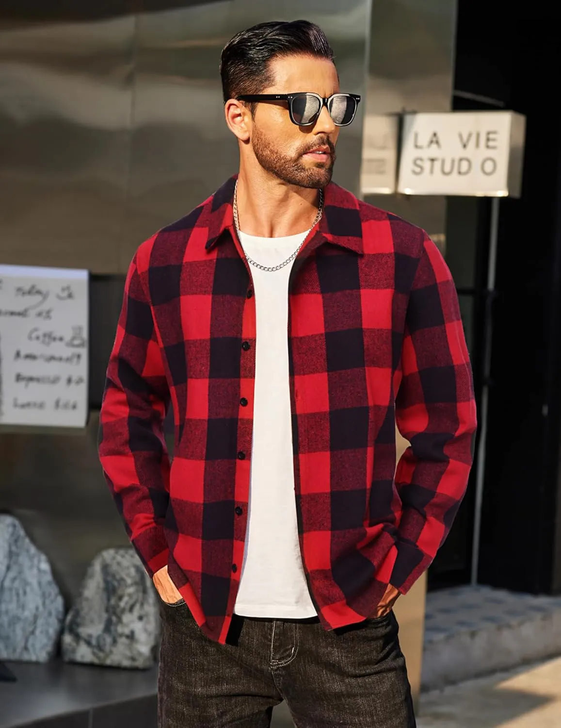COOFANDY Men's Flannel Shirts Casual Button Down Plaid Shirt Jacket Long Sleeve Fleece Shacket