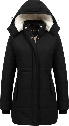CREATMO US Women's Thicken Sherpa Winter Coat Puffy Warm Snow Jacket With Removable Hood