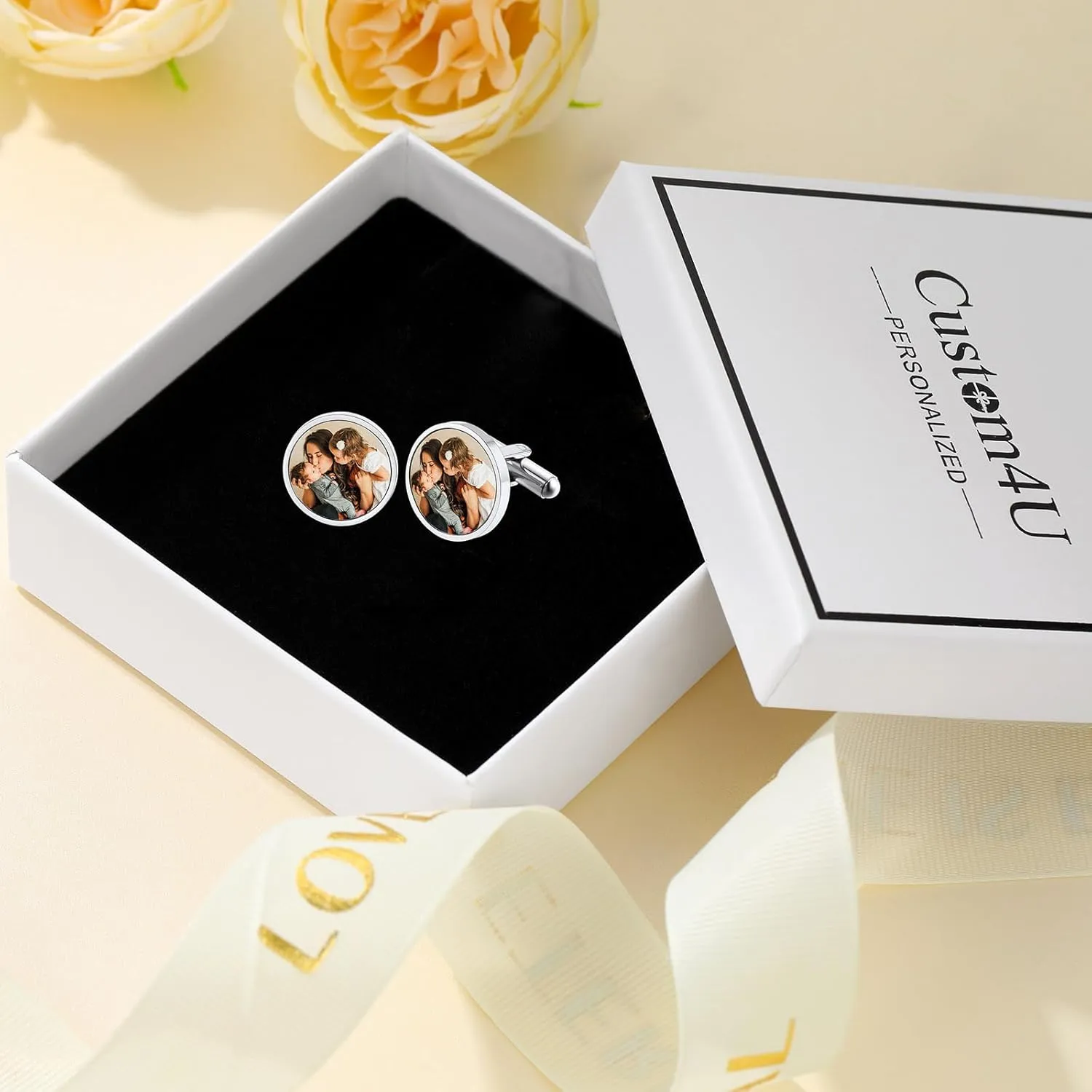 Custom4U Custom Cufflinks for Men - Personalized Photo Cufflinks/Initials Cufflinks Stainless Steel/Gold/Black Cuff Links Customized Wedding Memorial Gift for Groom Father of the Bride