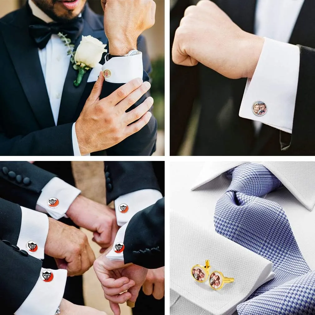 Custom4U Custom Cufflinks for Men - Personalized Photo Cufflinks/Initials Cufflinks Stainless Steel/Gold/Black Cuff Links Customized Wedding Memorial Gift for Groom Father of the Bride