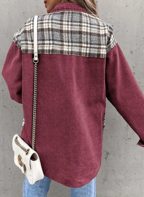 Denim Jacket for Women Plaid Lapel Long Sleeve Button Down Jean Coat Fall Trendy Jacket Outfits with Pockets