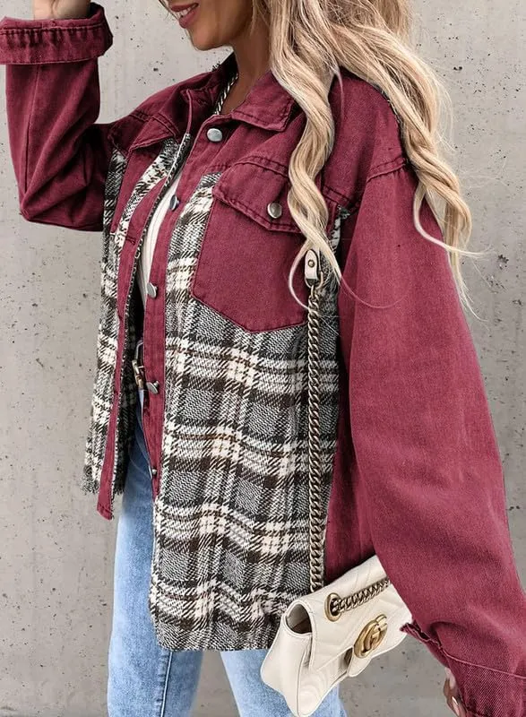 Denim Jacket for Women Plaid Lapel Long Sleeve Button Down Jean Coat Fall Trendy Jacket Outfits with Pockets