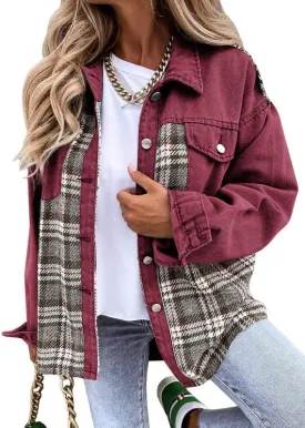 Denim Jacket for Women Plaid Lapel Long Sleeve Button Down Jean Coat Fall Trendy Jacket Outfits with Pockets