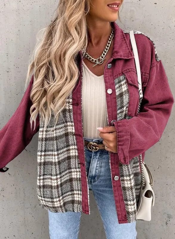 Denim Jacket for Women Plaid Lapel Long Sleeve Button Down Jean Coat Fall Trendy Jacket Outfits with Pockets