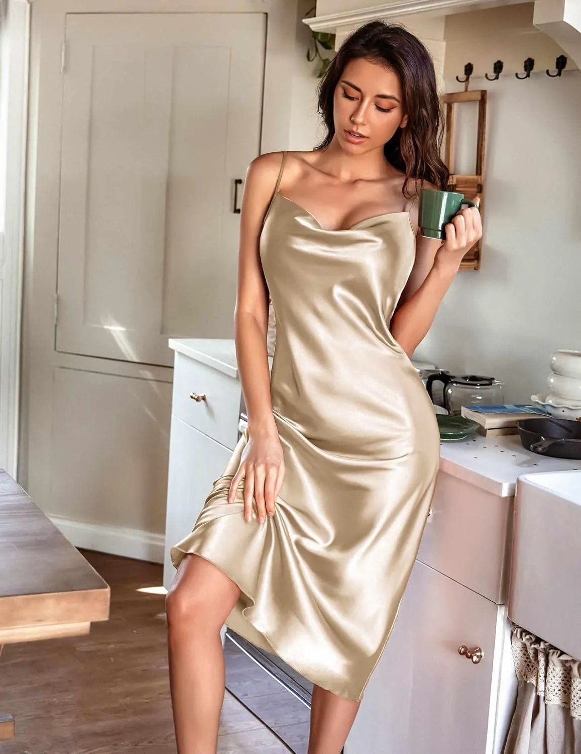 Ekouaer Womens Satin Nightgown Sexy Lingerie Sleepwear Spaghetti Strap Cowl Neck Elegant Long Slip Satin Silk Midi Dress