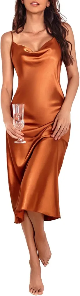 Ekouaer Womens Satin Nightgown Sexy Lingerie Sleepwear Spaghetti Strap Cowl Neck Elegant Long Slip Satin Silk Midi Dress