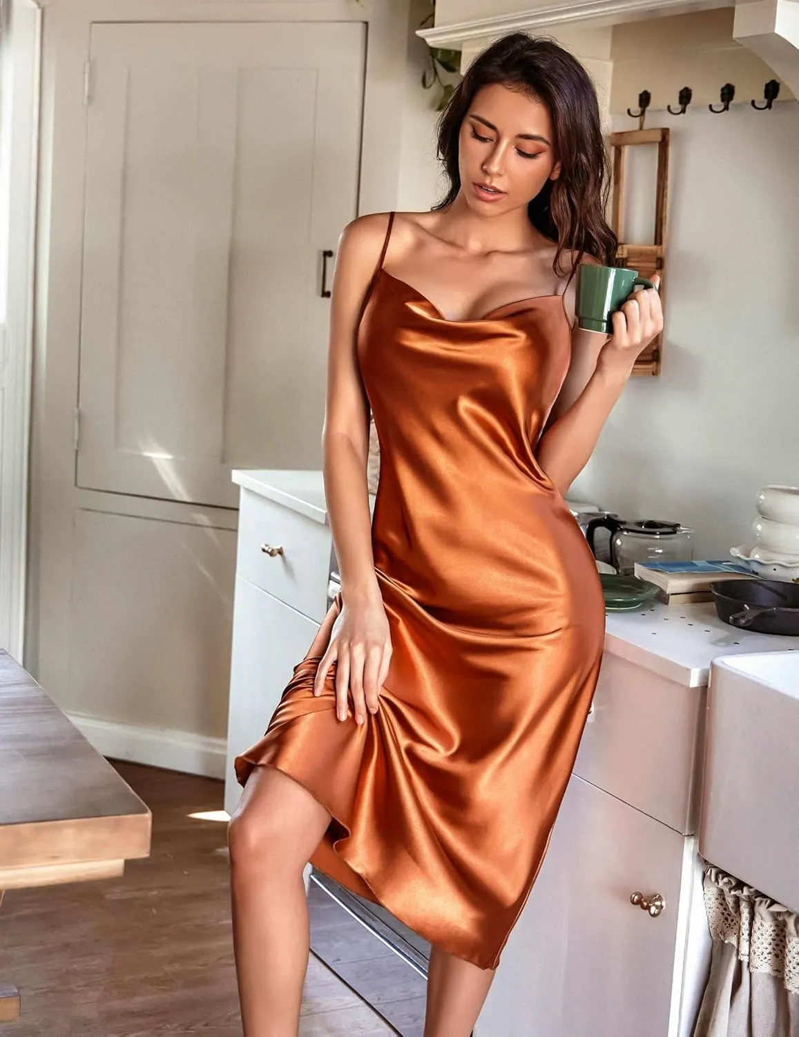Ekouaer Womens Satin Nightgown Sexy Lingerie Sleepwear Spaghetti Strap Cowl Neck Elegant Long Slip Satin Silk Midi Dress