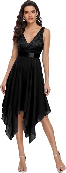 Ever-Pretty Women's Sexy V Neck Empire Waist Sleeveless Lace Chiffon Hi-Lo Cocktail Dress 00207-PH