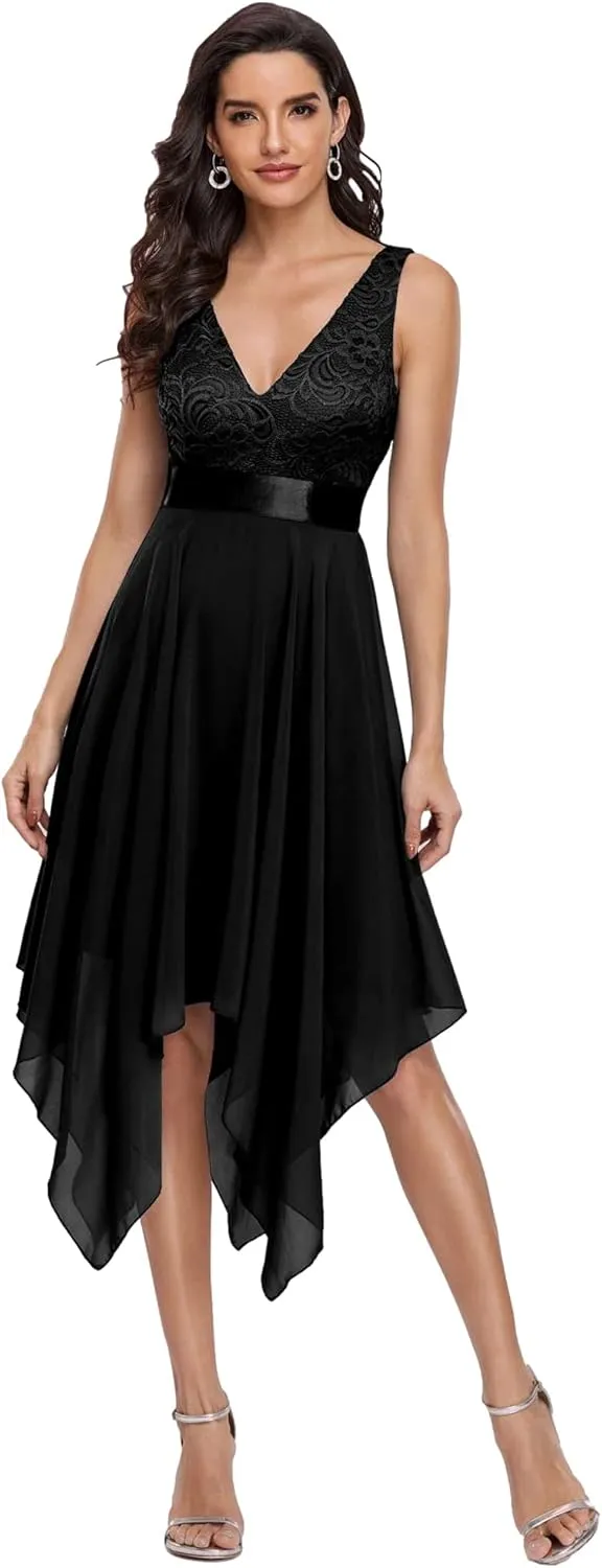 Ever-Pretty Women's Sexy V Neck Empire Waist Sleeveless Lace Chiffon Hi-Lo Cocktail Dress 00207-PH