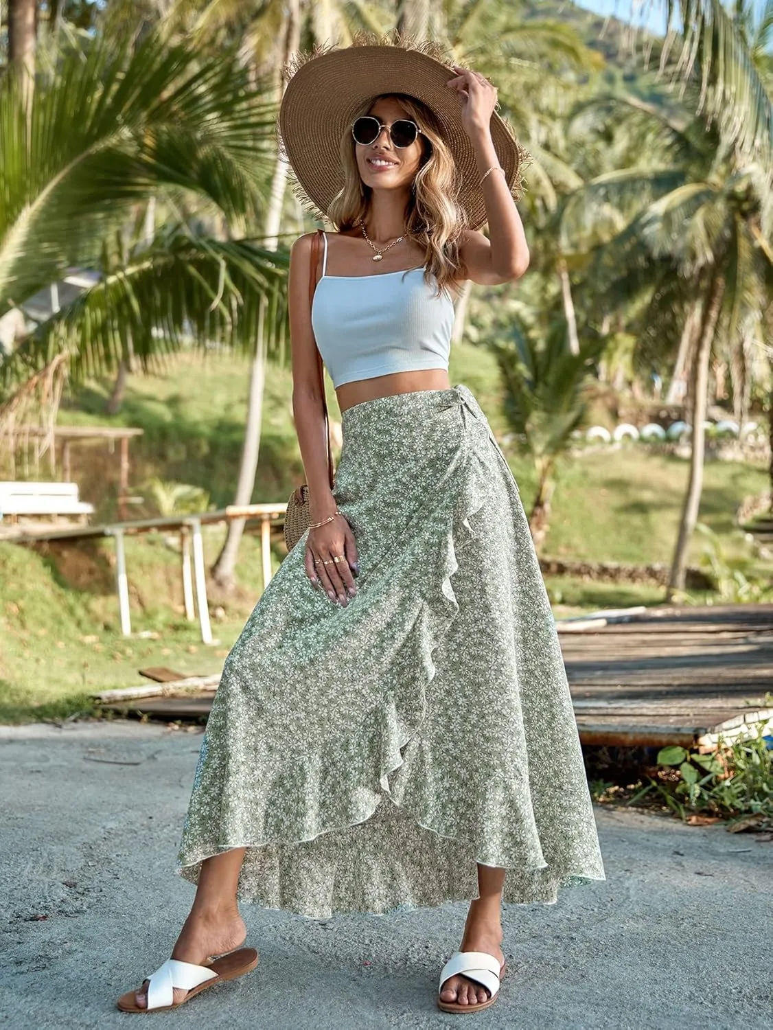 Floerns Women's Allover Floral Print Ruffle Hem Wrap Skirts Knot Side High Waist Maxi Skirts