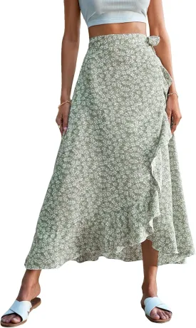 Floerns Women's Allover Floral Print Ruffle Hem Wrap Skirts Knot Side High Waist Maxi Skirts