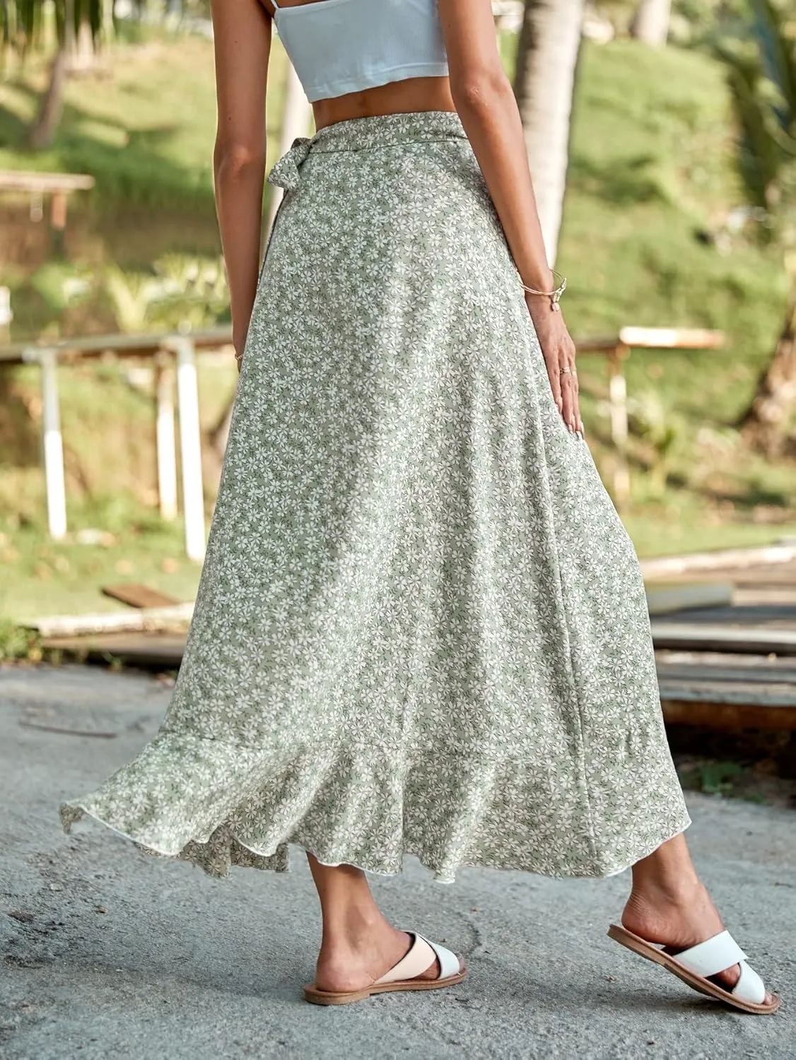 Floerns Women's Allover Floral Print Ruffle Hem Wrap Skirts Knot Side High Waist Maxi Skirts
