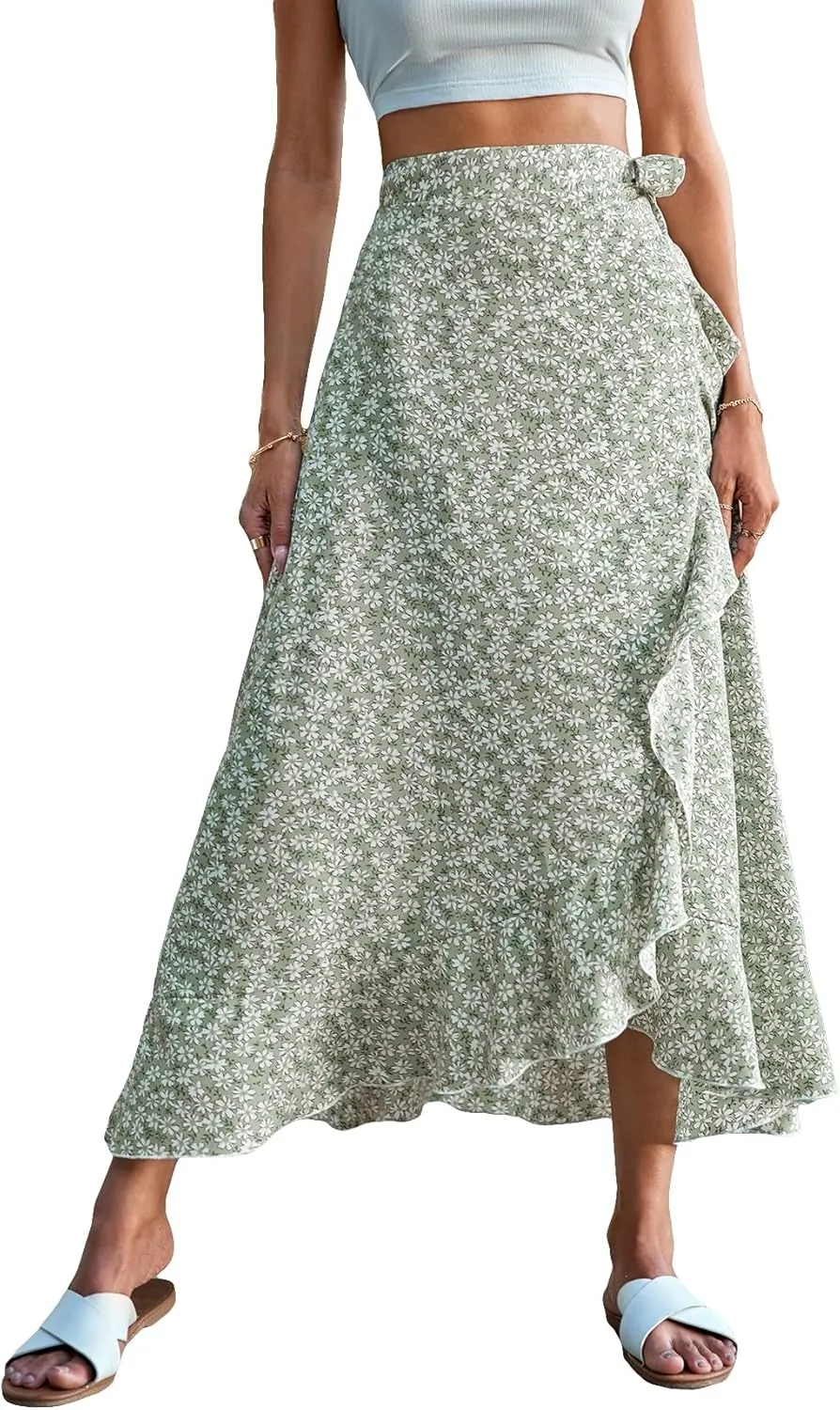 Floerns Women's Allover Floral Print Ruffle Hem Wrap Skirts Knot Side High Waist Maxi Skirts