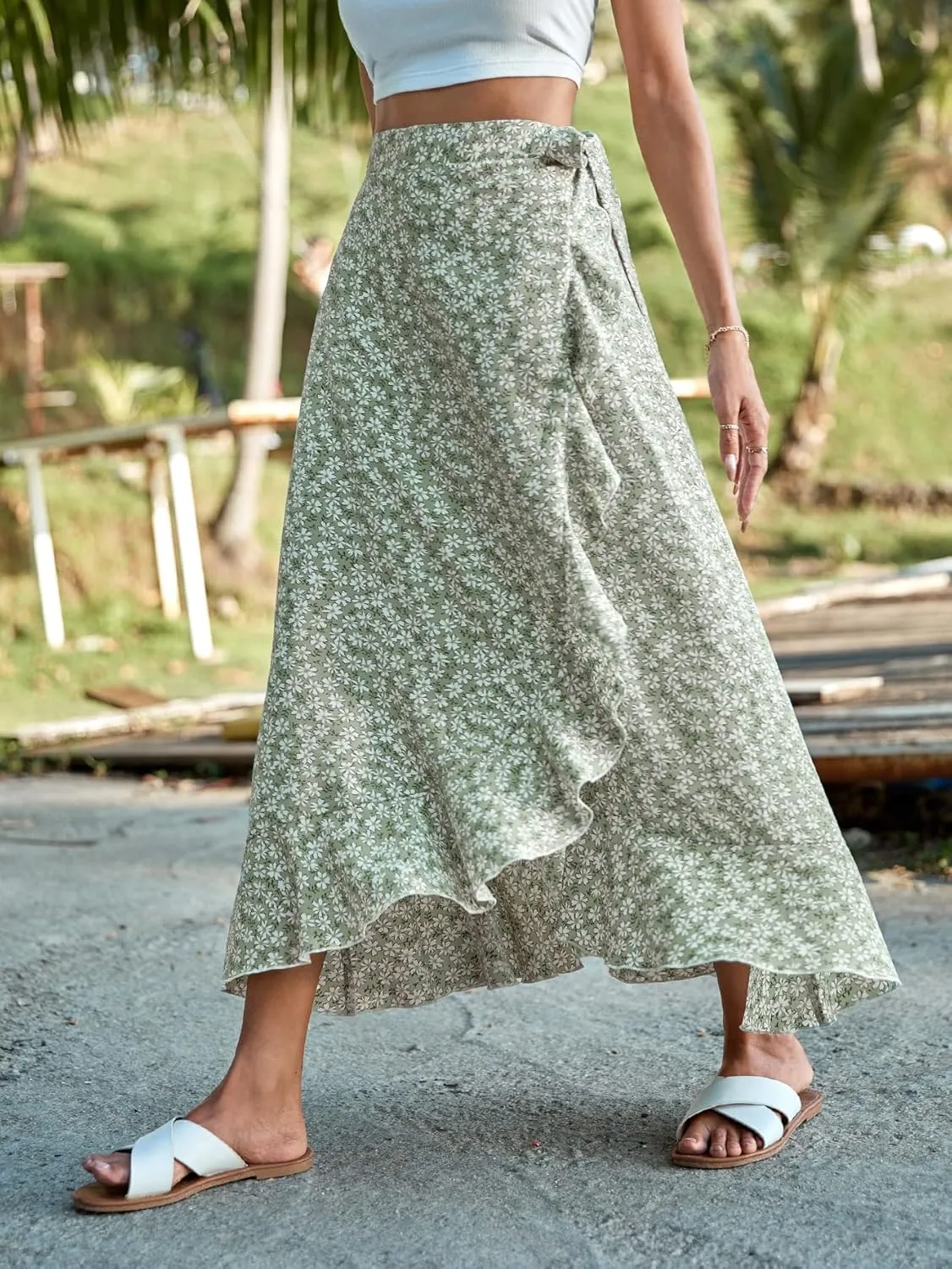 Floerns Women's Allover Floral Print Ruffle Hem Wrap Skirts Knot Side High Waist Maxi Skirts