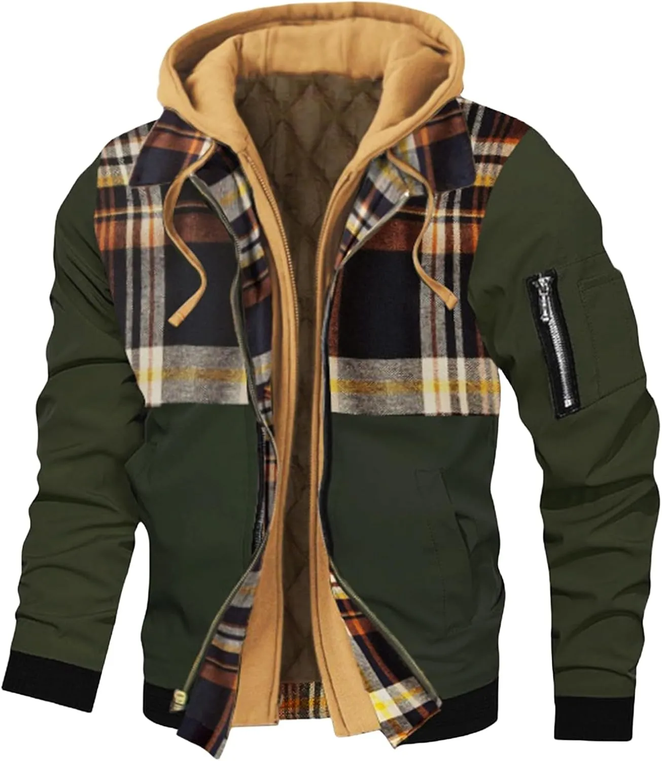 Hooded Jackets for Men Casual Thicken Bomber Jacket Quilted Lined Long Sleeve Plaid Color Block Zip Up Hoodies Coat
