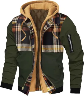 Hooded Jackets for Men Casual Thicken Bomber Jacket Quilted Lined Long Sleeve Plaid Color Block Zip Up Hoodies Coat