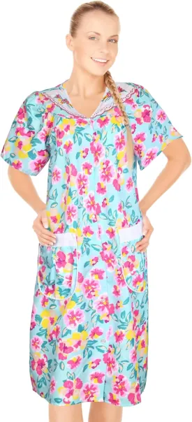 JEFFRICO Womens Snap Front Housecoat Lounger Duster House Dress Short Sleeve Robe